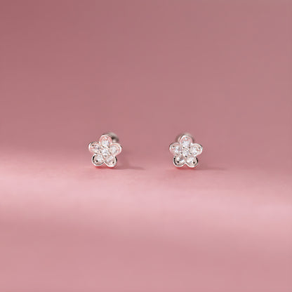 Dainty Pave Flower Sterling Silver Screw Back Stud Earrings
