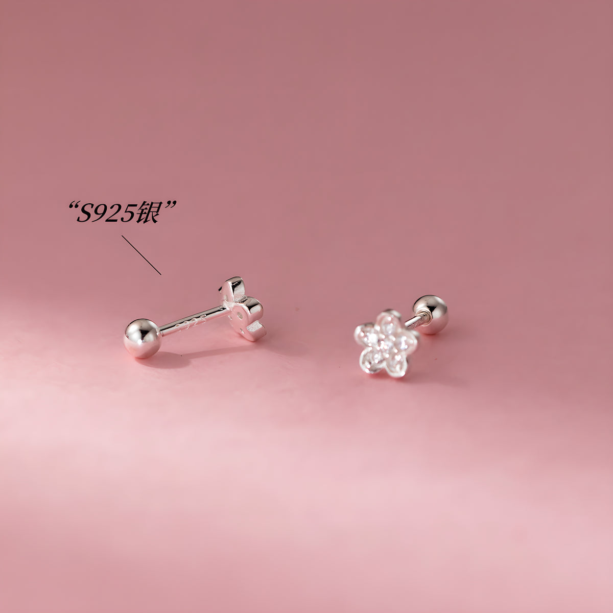 Dainty Pave Flower Sterling Silver Screw Back Stud Earrings