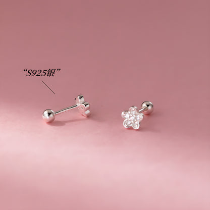 Dainty Pave Flower Sterling Silver Screw Back Stud Earrings