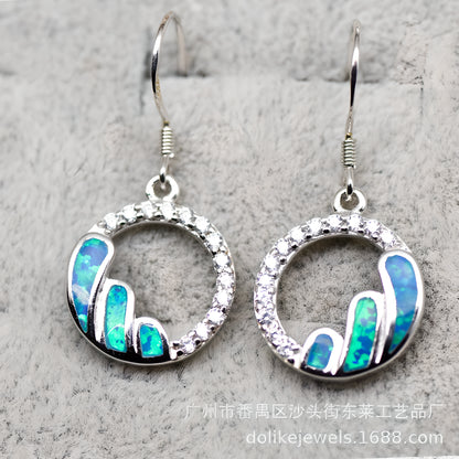 Geometric Blue Opal Stud Earrings S925 Sterling Silver Fairy Style