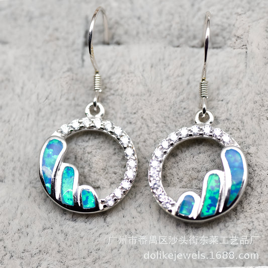 Geometric Blue Opal Stud Earrings S925 Sterling Silver Fairy Style