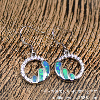 Geometric Blue Opal Stud Earrings S925 Sterling Silver Fairy Style