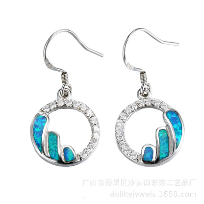 Geometric Blue Opal Stud Earrings S925 Sterling Silver Fairy Style