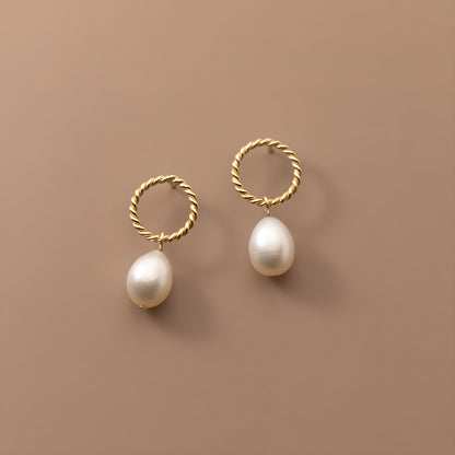 Geometric Pearl Teardrop Stud Earrings in S925 Sterling Silver