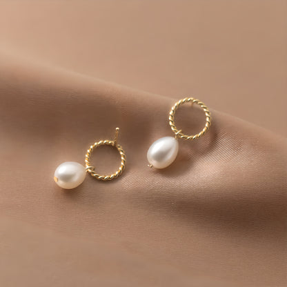 Geometric Pearl Teardrop Stud Earrings in S925 Sterling Silver