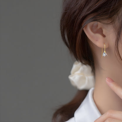 Gold-Plated S925 Silver White Magnolia Flower Drop Earrings