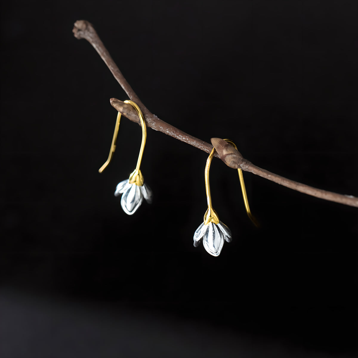 Gold-Plated S925 Silver White Magnolia Flower Drop Earrings
