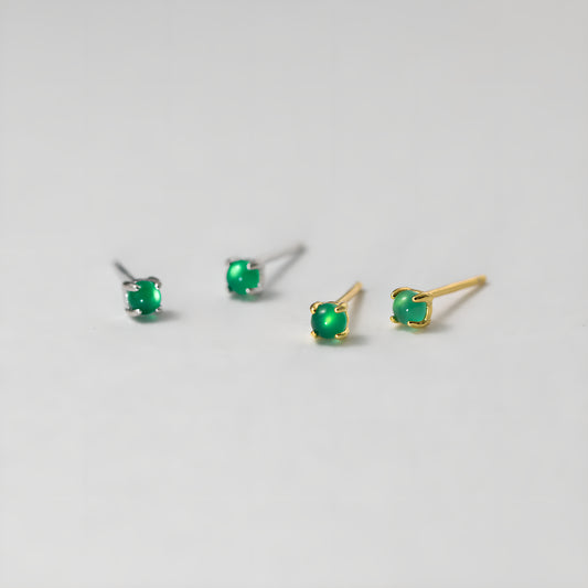 Green Chalcedony Round Stud Earrings S925 Sterling Silver
