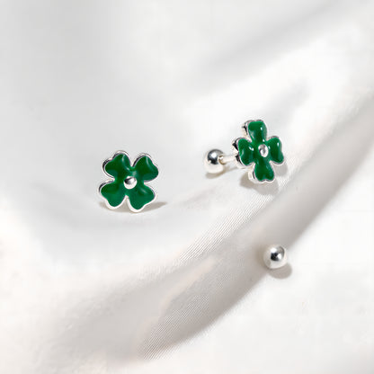Green Four-Leaf Clover Screw Back Stud Earrings in S925 Sterling Silver