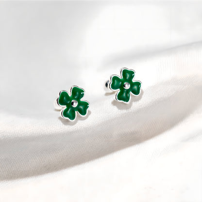 Green Four-Leaf Clover Screw Back Stud Earrings in S925 Sterling Silver