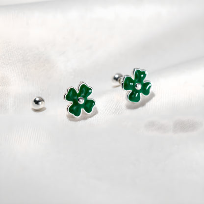 Green Four-Leaf Clover Screw Back Stud Earrings in S925 Sterling Silver