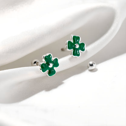 Green Four-Leaf Clover Screw Back Stud Earrings in S925 Sterling Silver