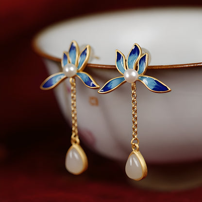 Hetian Jade Lotus Dangle Stud Earrings