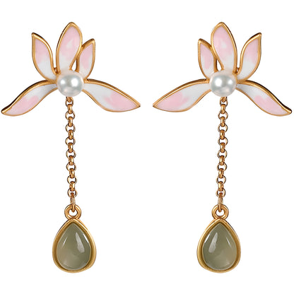 Hetian Jade Lotus Dangle Stud Earrings