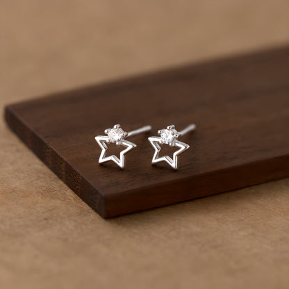Hollow Pentagram Star Single Stone Stud Earrings S999 Sterling Silver