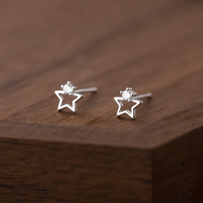 Hollow Pentagram Star Single Stone Stud Earrings S999 Sterling Silver