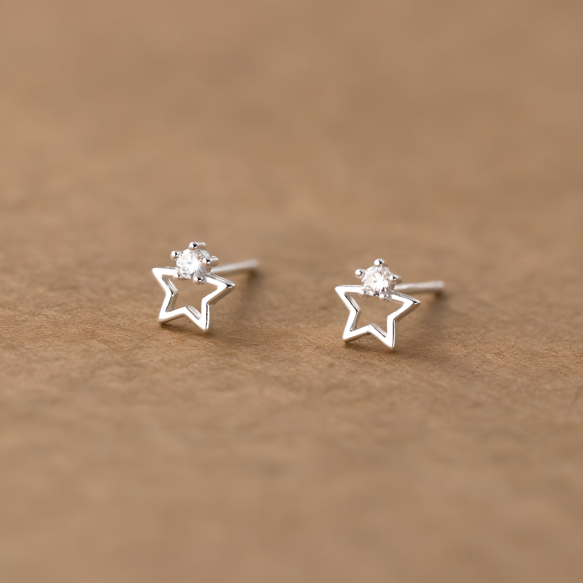 Hollow Pentagram Star Single Stone Stud Earrings S999 Sterling Silver