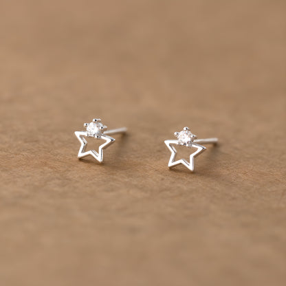 Hollow Pentagram Star Single Stone Stud Earrings S999 Sterling Silver