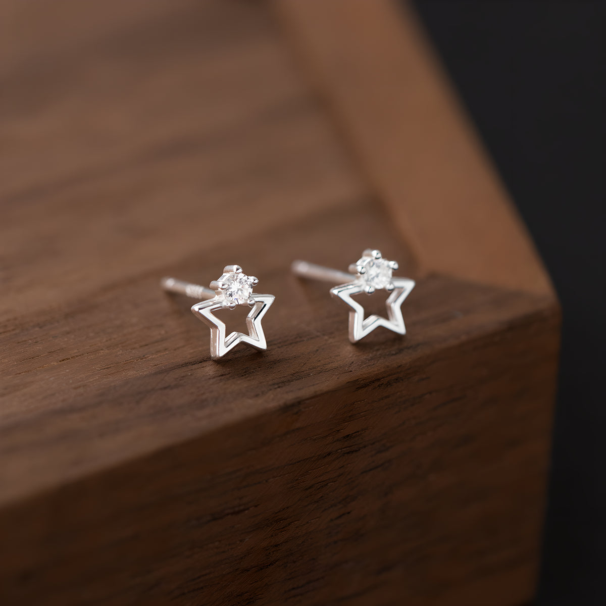 Hollow Pentagram Star Single Stone Stud Earrings S999 Sterling Silver