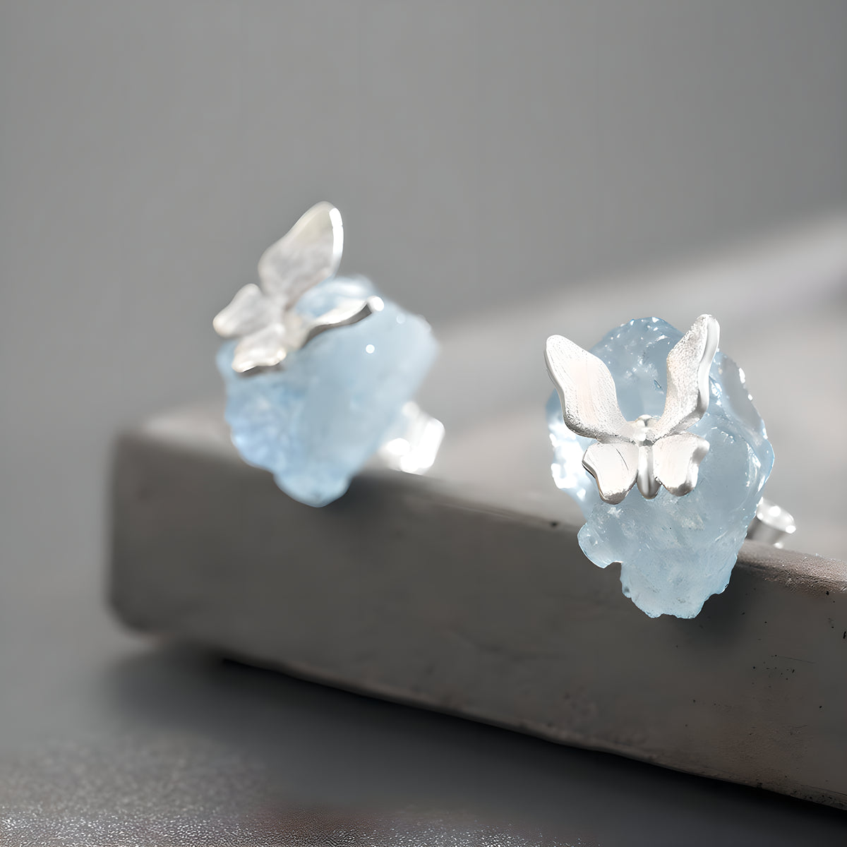 Natural Aquamarine Butterfly Stud Earrings S925 Sterling Silver