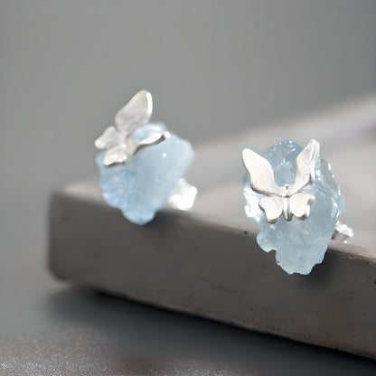 Natural Aquamarine Butterfly Stud Earrings S925 Sterling Silver