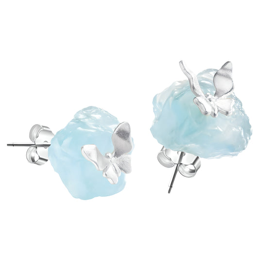 Natural Aquamarine Butterfly Stud Earrings S925 Sterling Silver