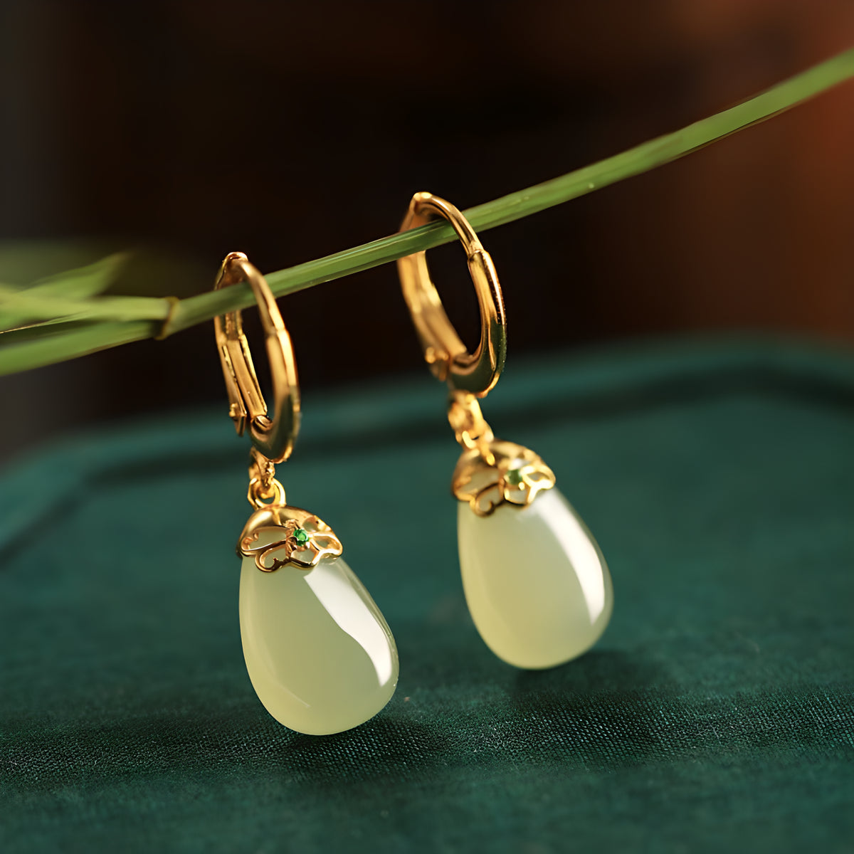 Natural Hetian Jade Water Drop Hoop Earrings