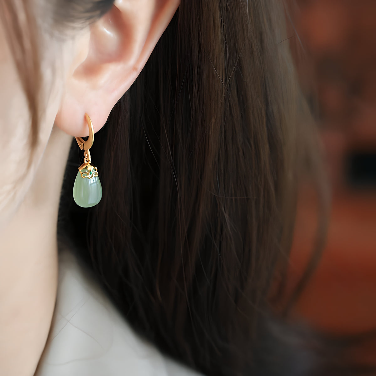 Natural Hetian Jade Water Drop Hoop Earrings