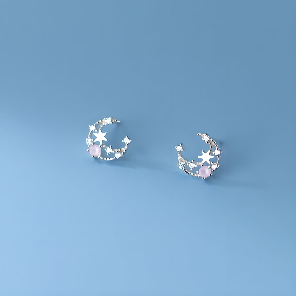 Pink Crystal Star & Moon Stud Earrings in Sterling Silver