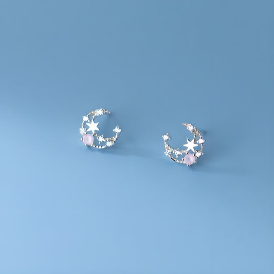 Pink Crystal Star & Moon Stud Earrings in Sterling Silver