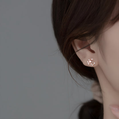 Pink Crystal Star & Moon Stud Earrings in Sterling Silver