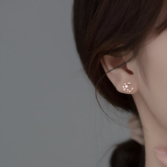 Pink Crystal Star & Moon Stud Earrings in Sterling Silver