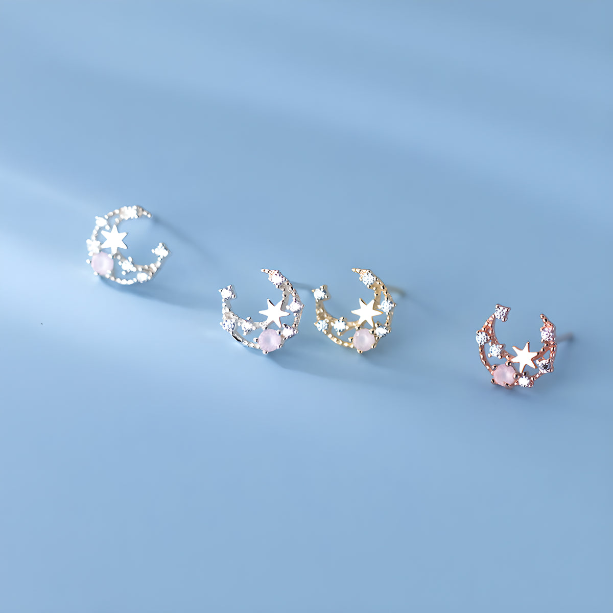 Pink Crystal Star & Moon Stud Earrings in Sterling Silver