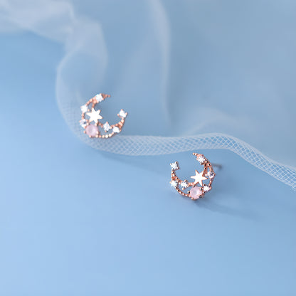 Pink Crystal Star & Moon Stud Earrings in Sterling Silver