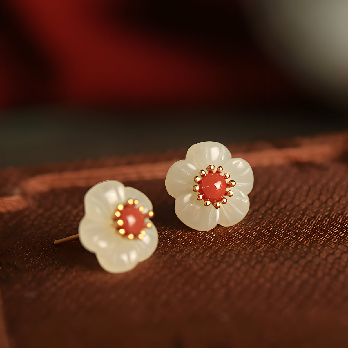 Plum Blossom Jade Agate Sterling Silver Stud Earrings