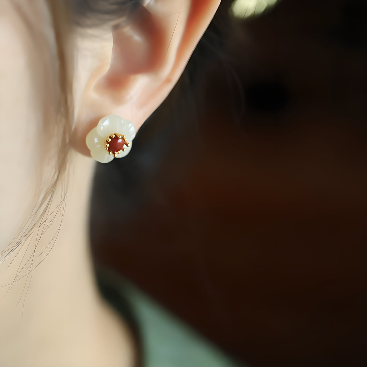 Plum Blossom Jade Agate Sterling Silver Stud Earrings
