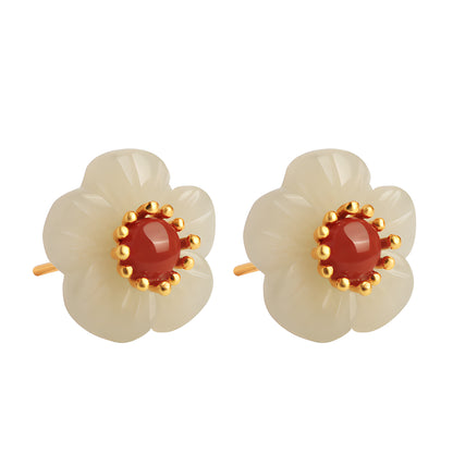 Plum Blossom Jade Agate Sterling Silver Stud Earrings