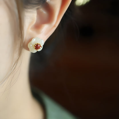 Plum Blossom Jade Agate Sterling Silver Stud Earrings