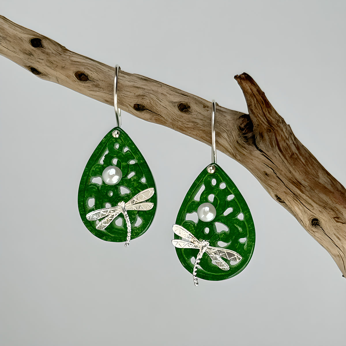 Poetic Dragonfly Pearl & Jadeite Teardrop Earrings