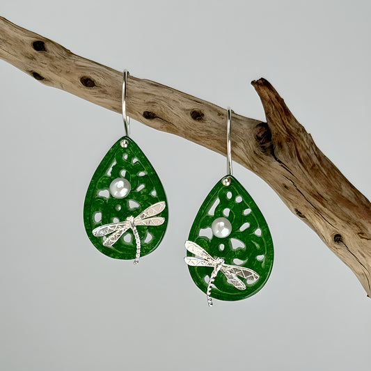 Poetic Dragonfly Pearl & Jadeite Teardrop Earrings