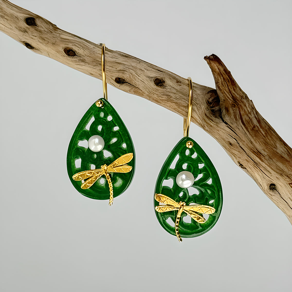 Poetic Dragonfly Pearl & Jadeite Teardrop Earrings