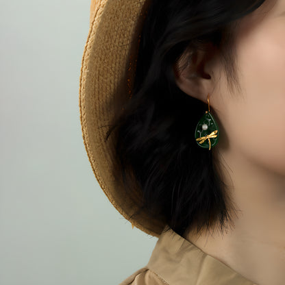 Poetic Dragonfly Pearl & Jadeite Teardrop Earrings