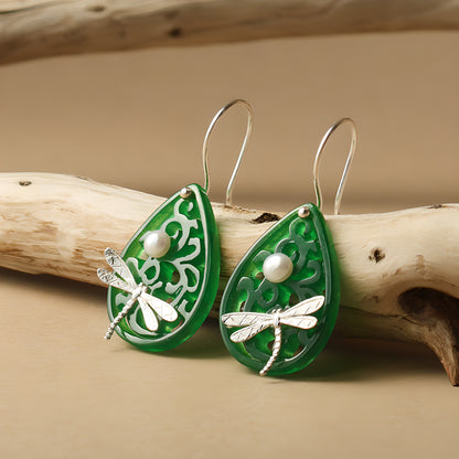 Poetic Dragonfly Pearl & Jadeite Teardrop Earrings