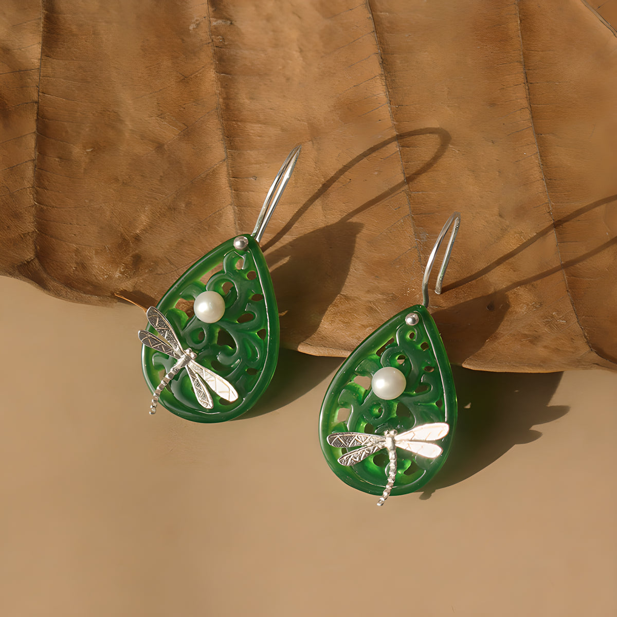 Poetic Dragonfly Pearl & Jadeite Teardrop Earrings