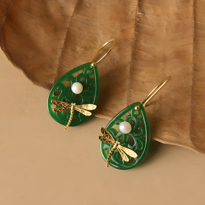 Poetic Dragonfly Pearl & Jadeite Teardrop Earrings
