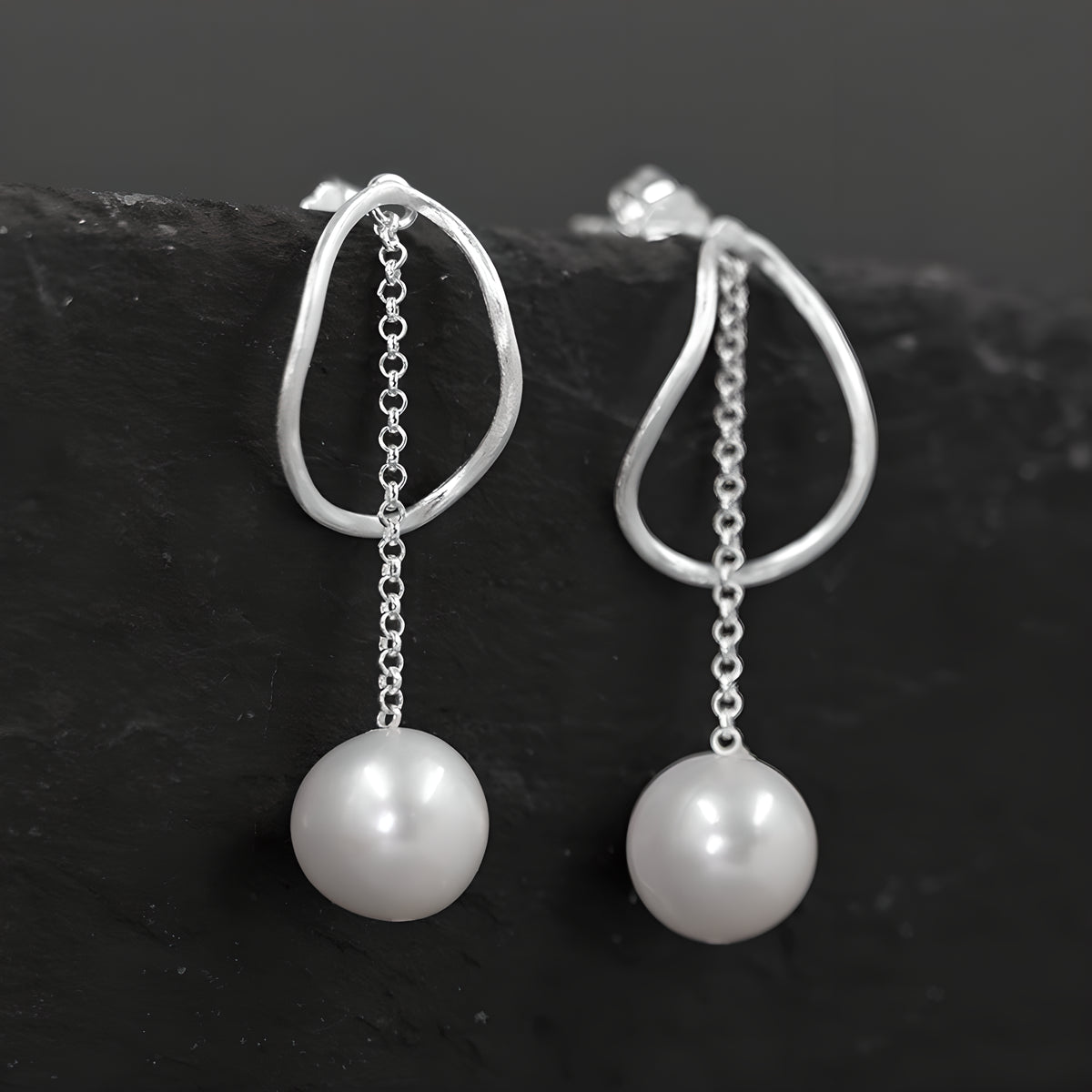 Geometric Pearl Hoop Earrings 925 Sterling Silver