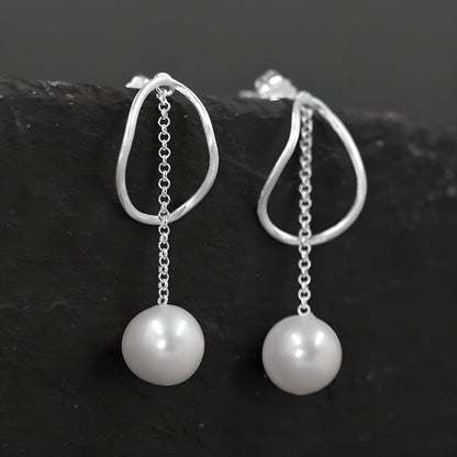 Geometric Pearl Hoop Earrings 925 Sterling Silver