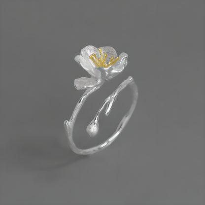 Adjustable S925 Sterling Silver Haitang Flower Open Ring Literary Vintage Style