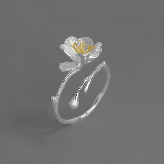 Adjustable S925 Sterling Silver Haitang Flower Open Ring Literary Vintage Style