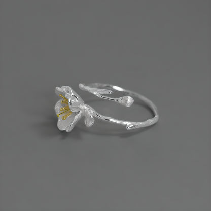 Adjustable S925 Sterling Silver Haitang Flower Open Ring Literary Vintage Style